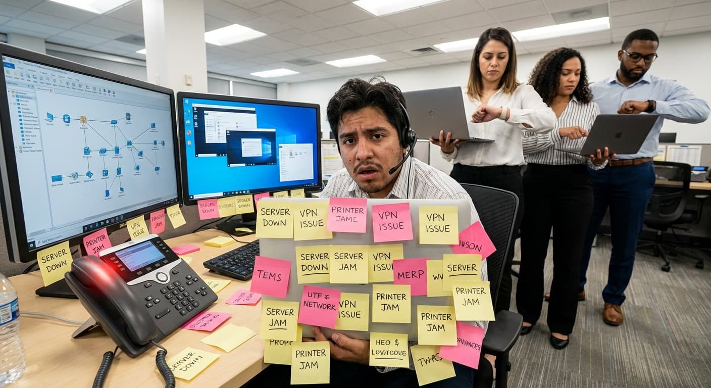 Técnico de TI rodeado de post-its con tickets