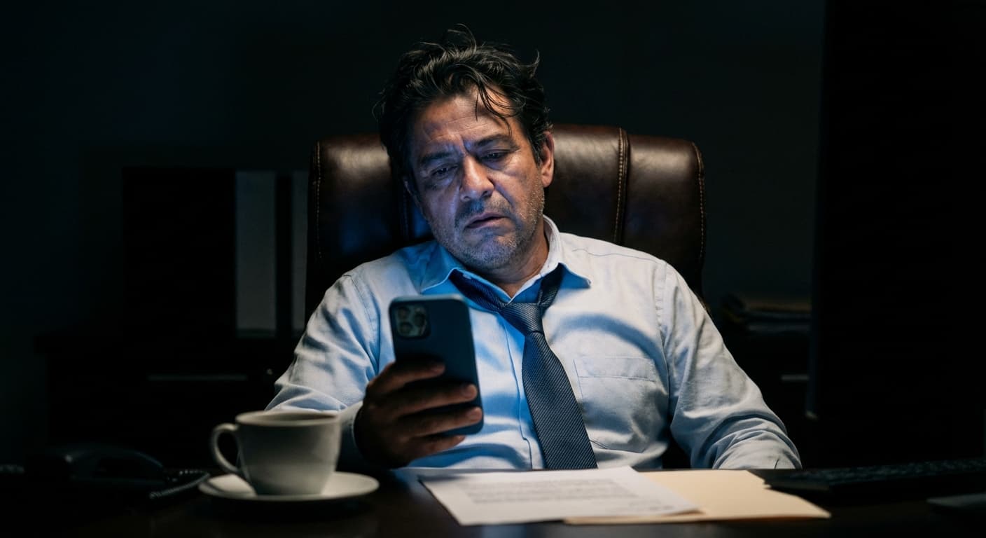 Dueño de empresa solo en oficina de noche con WhatsApp